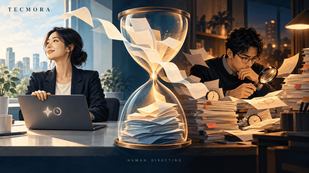 AI로 일을 마친 사람과 문서를 검증하는 동료 사이에 놓인 모래시계. An hourglass connects a worker finishing with AI and a colleague verifying documents.