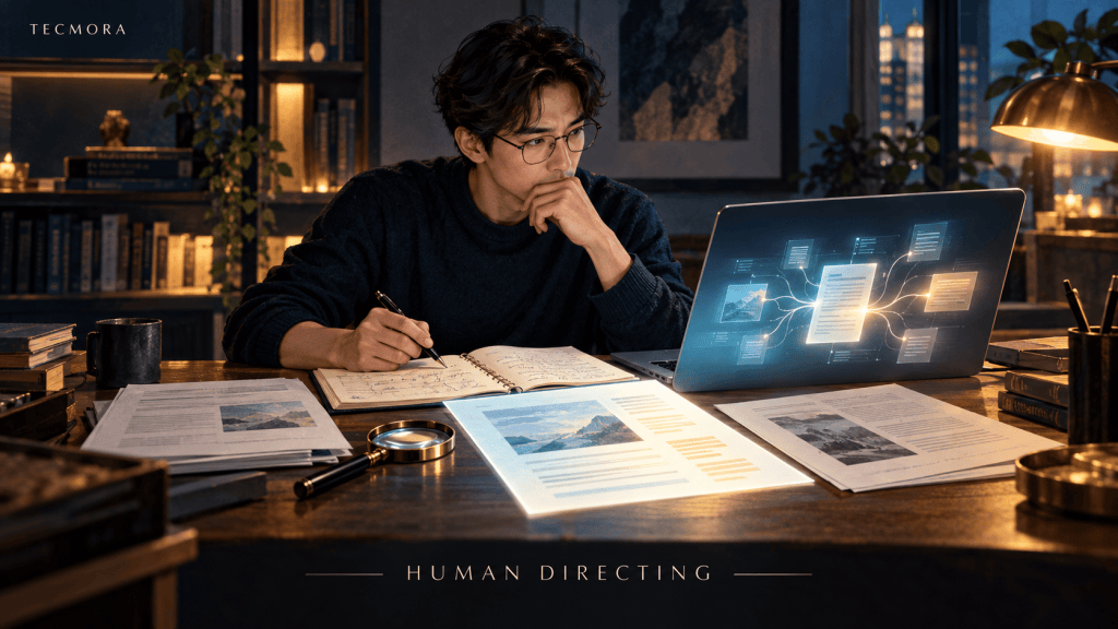 AI 보고서를 원자료와 비교하며 판단하는 사람. A professional compares an AI-generated report with original notes and alternative documents.