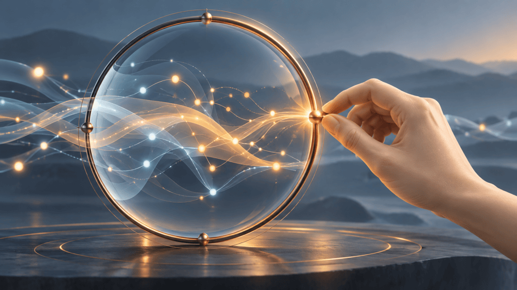 A human hand adjusts a translucent frame around flowing AI networks, illustrating the review of judgment criteria and delegation boundaries. AI 판단 기준과 위임 범위를 다시 살펴보는 모습을 표현한 이미지.
