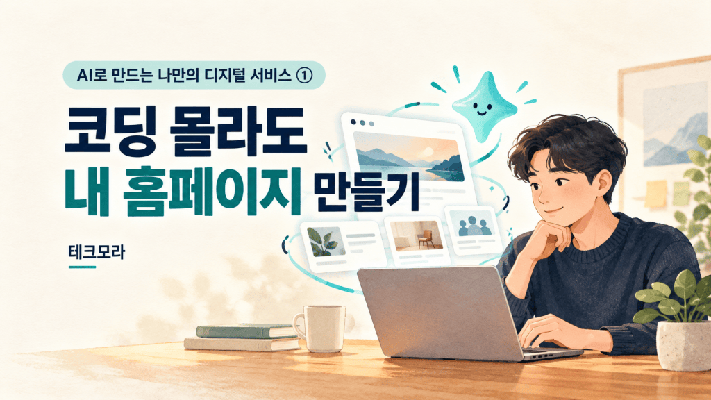 코딩 몰라도 내 홈페이지 만들기라는 문구와 AI의 도움을 받아 노트북으로 홈페이지를 만드는 사람의 일러스트