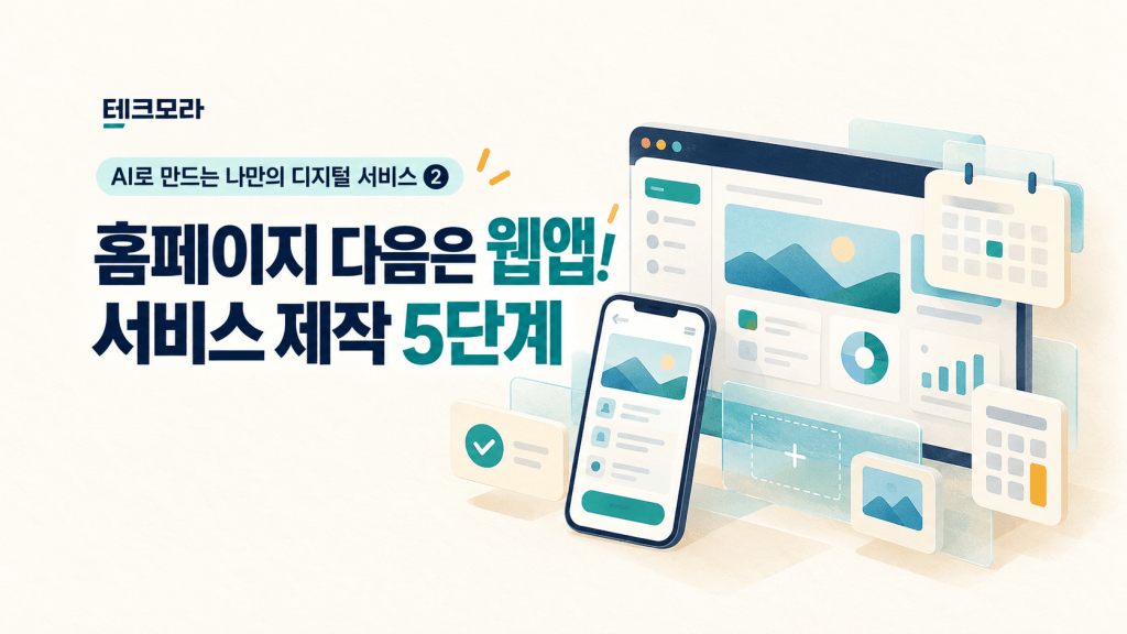 홈페이지 다음은 웹앱, 서비스 제작 5단계라는 문구와 프로그램 일정 및 계산 기능을 상징하는 웹앱·모바일 화면 일러스트
